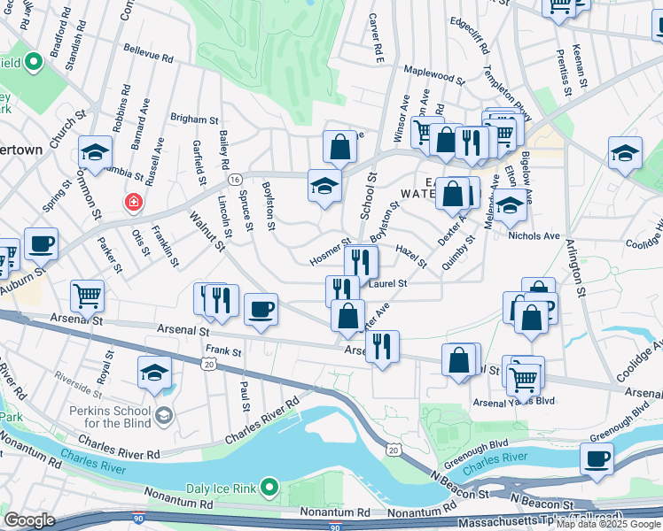 map of restaurants, bars, coffee shops, grocery stores, and more near 21 Hosmer Street in Watertown