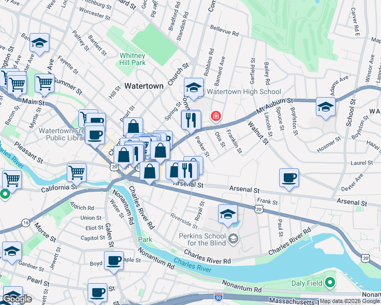 map of restaurants, bars, coffee shops, grocery stores, and more near 69 Mount Auburn Street in Watertown