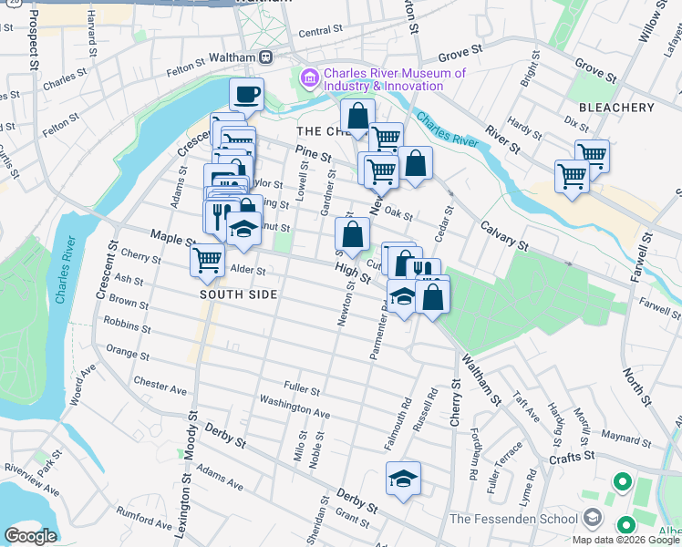 map of restaurants, bars, coffee shops, grocery stores, and more near 50 Stearns Street in Waltham