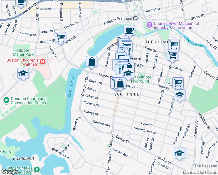 map of restaurants, bars, coffee shops, grocery stores, and more near 62 1/2 Cherry Street in Waltham
