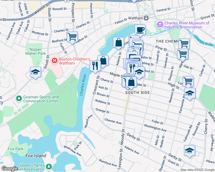 map of restaurants, bars, coffee shops, grocery stores, and more near 107 Adams Street in Waltham