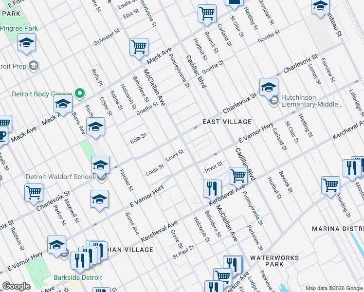 map of restaurants, bars, coffee shops, grocery stores, and more near 9310 Charlevoix Street in Detroit