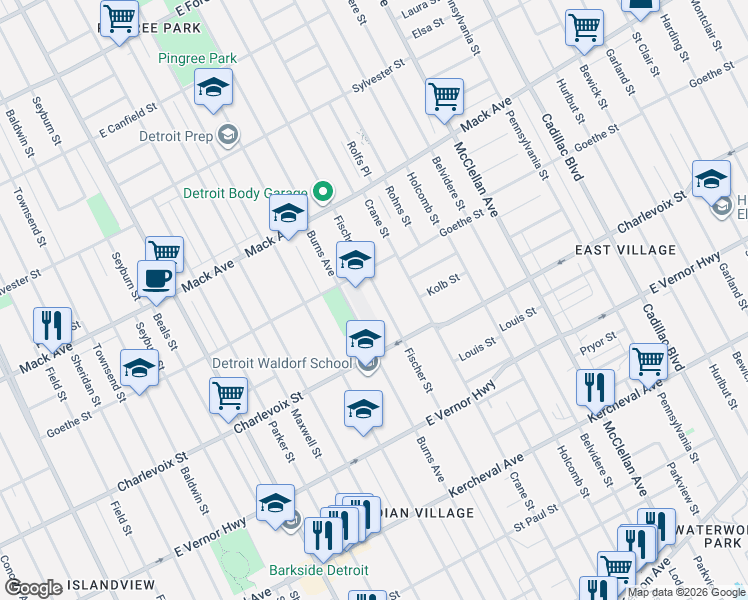 map of restaurants, bars, coffee shops, grocery stores, and more near 8650 Goethe Street in Detroit