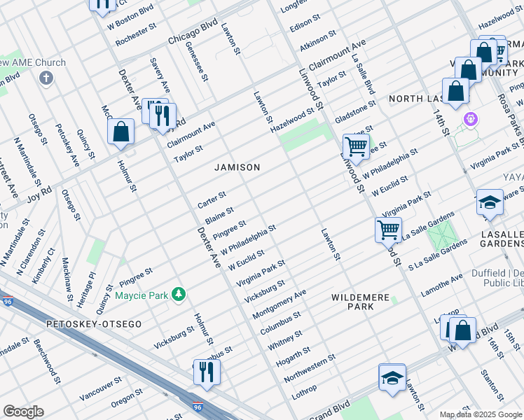 map of restaurants, bars, coffee shops, grocery stores, and more near 3001 Blaine Street in Detroit