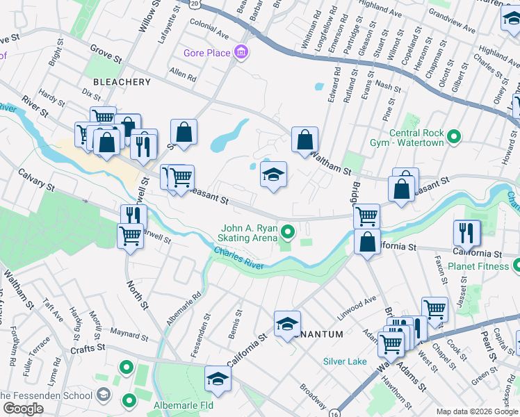 map of restaurants, bars, coffee shops, grocery stores, and more near 1 Repton Place in Watertown