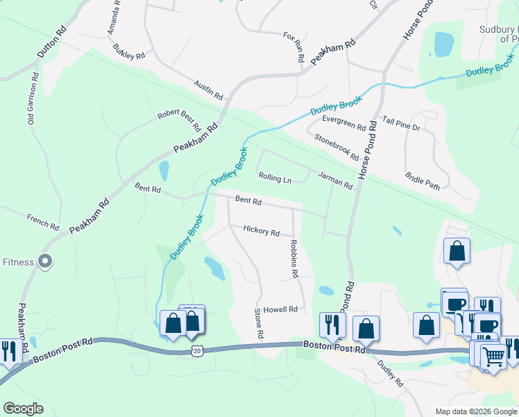 map of restaurants, bars, coffee shops, grocery stores, and more near 38 Bent Road in Sudbury