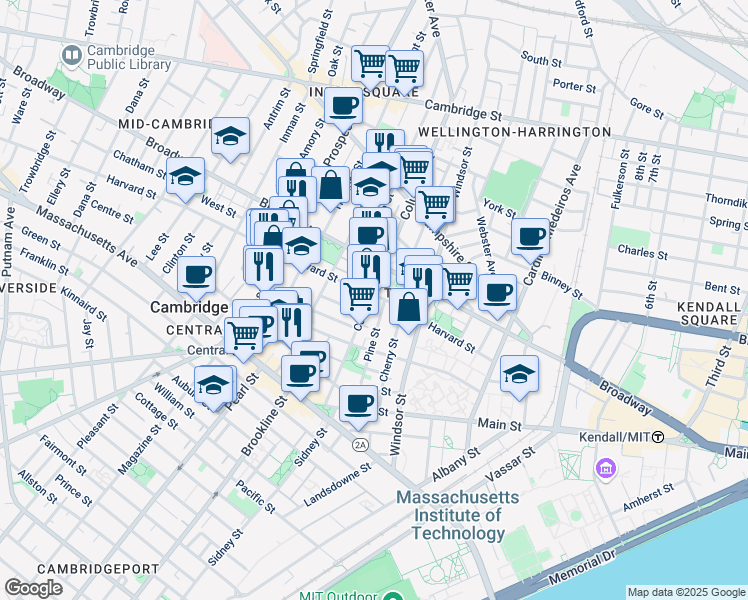 map of restaurants, bars, coffee shops, grocery stores, and more near 14 Elm Street in Cambridge