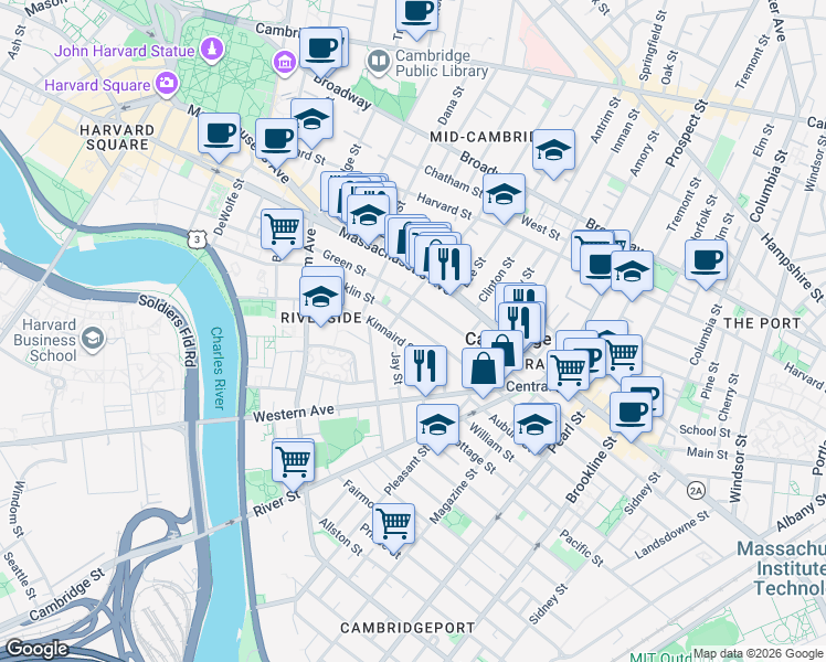 map of restaurants, bars, coffee shops, grocery stores, and more near 512 Green Street in Cambridge