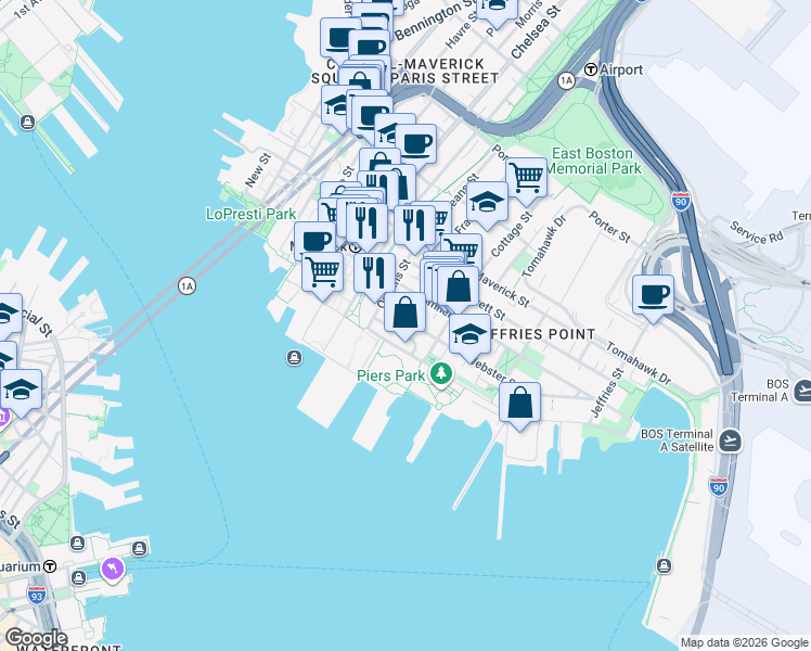 map of restaurants, bars, coffee shops, grocery stores, and more near 16 Cottage Street in Boston
