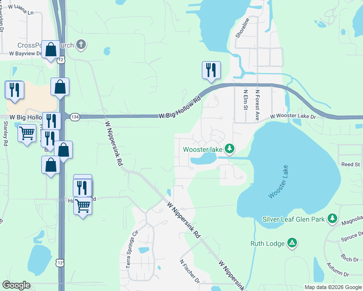 map of restaurants, bars, coffee shops, grocery stores, and more near 545 Blue Springs Drive in Fox Lake
