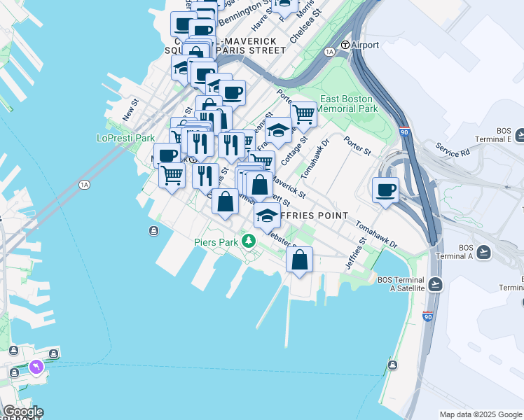 map of restaurants, bars, coffee shops, grocery stores, and more near 68 Cottage Street in Boston