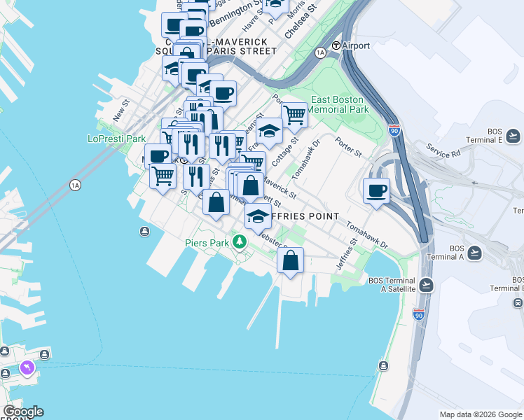 map of restaurants, bars, coffee shops, grocery stores, and more near 68 Cottage Street in Boston
