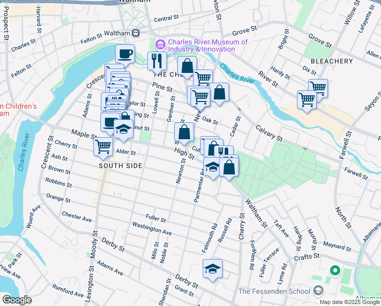 map of restaurants, bars, coffee shops, grocery stores, and more near 15 Clinton Street in Waltham