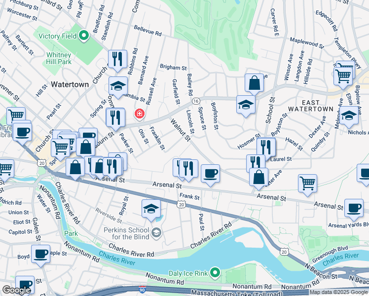 map of restaurants, bars, coffee shops, grocery stores, and more near 15 Birch Road in Watertown