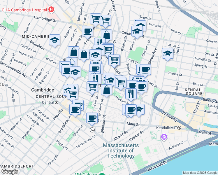 map of restaurants, bars, coffee shops, grocery stores, and more near 225 Windsor Street in Cambridge