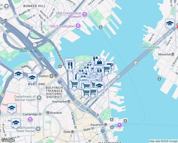 map of restaurants, bars, coffee shops, grocery stores, and more near 192 Salem Street in Boston