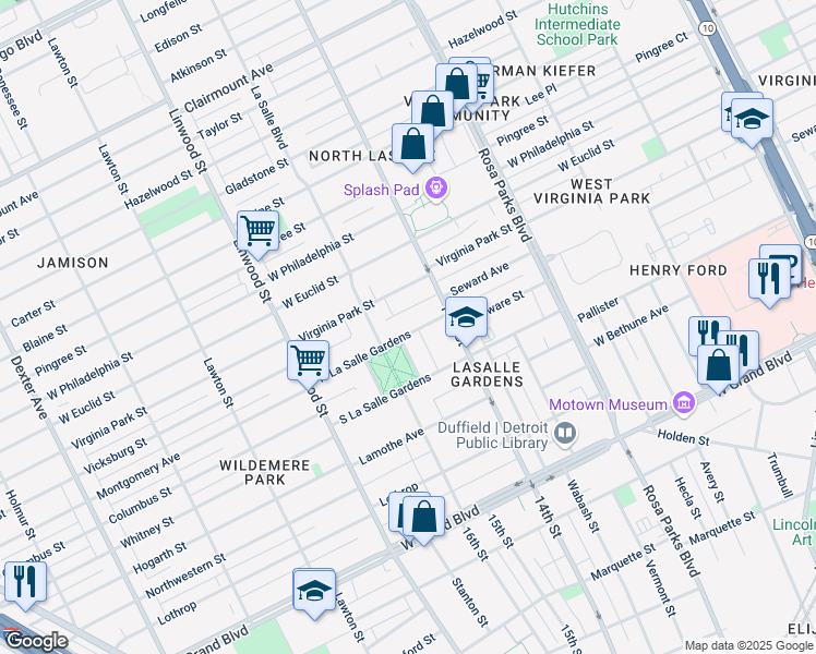 map of restaurants, bars, coffee shops, grocery stores, and more near 2280 North La Salle Gardens in Detroit