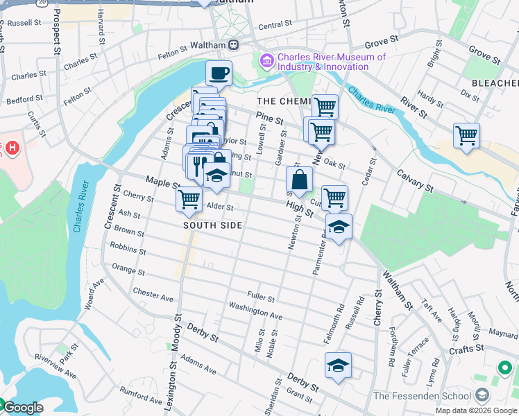 map of restaurants, bars, coffee shops, grocery stores, and more near 80 High Street in Waltham