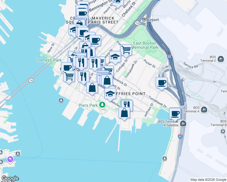 map of restaurants, bars, coffee shops, grocery stores, and more near 98 Everett Street in Boston