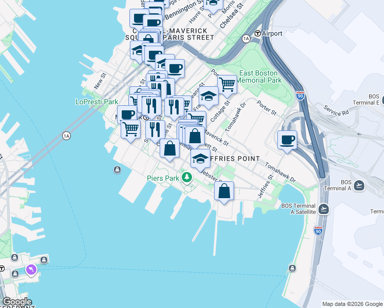 map of restaurants, bars, coffee shops, grocery stores, and more near 68 Cottage Street in Boston