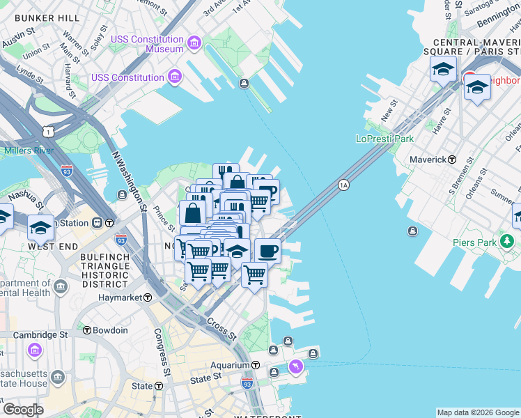 map of restaurants, bars, coffee shops, grocery stores, and more near 476498 Hanover Saint Exd in Boston