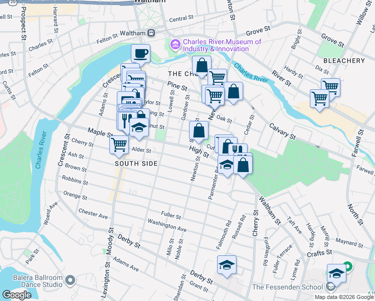 map of restaurants, bars, coffee shops, grocery stores, and more near 50 Stearns Street in Waltham