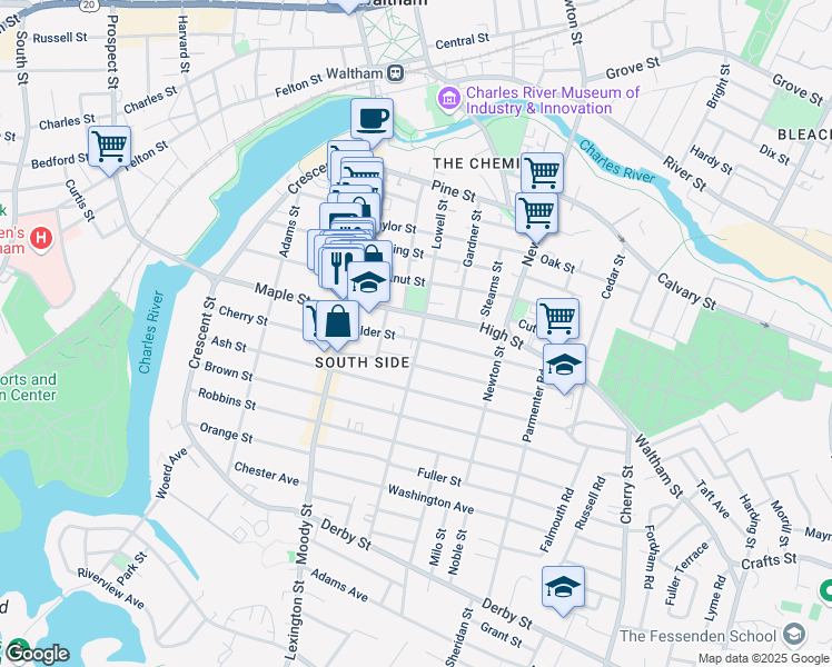 map of restaurants, bars, coffee shops, grocery stores, and more near 53 High Street in Waltham