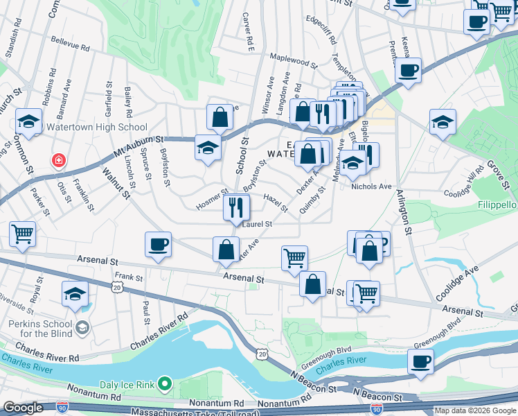 map of restaurants, bars, coffee shops, grocery stores, and more near 67 Hazel Street in Watertown