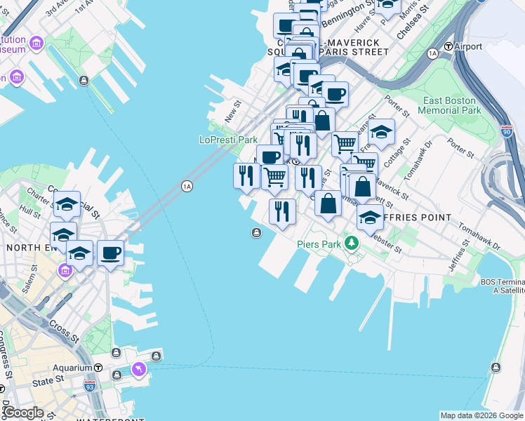 map of restaurants, bars, coffee shops, grocery stores, and more near 45 Lewis Street in Boston