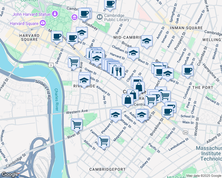 map of restaurants, bars, coffee shops, grocery stores, and more near 512 Green Street in Cambridge