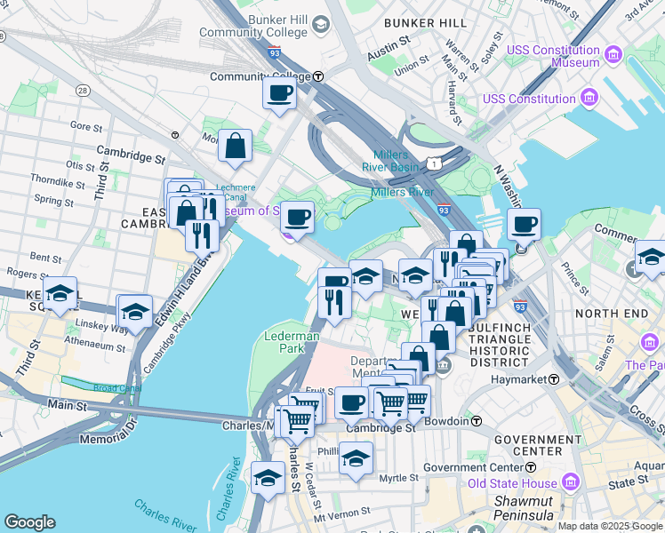 map of restaurants, bars, coffee shops, grocery stores, and more near 250 Leverett Circle in Boston