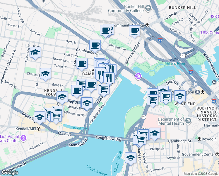 map of restaurants, bars, coffee shops, grocery stores, and more near 40 Edwin H Land Boulevard in Cambridge