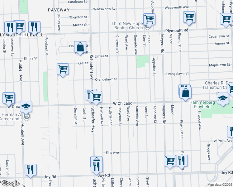 map of restaurants, bars, coffee shops, grocery stores, and more near 9614 Littlefield Street in Detroit