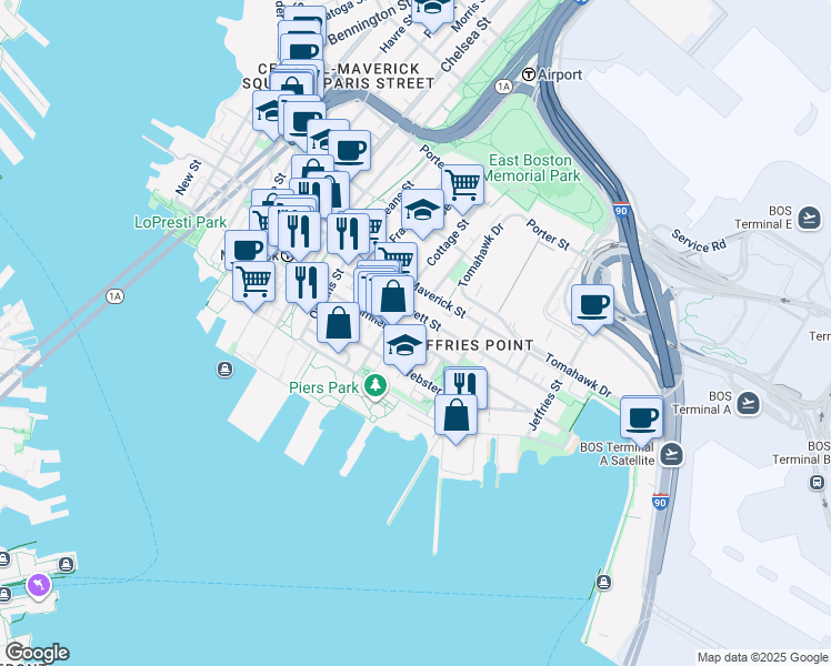 map of restaurants, bars, coffee shops, grocery stores, and more near 98 Everett Street in Boston