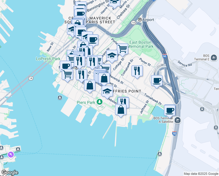 map of restaurants, bars, coffee shops, grocery stores, and more near 98 Everett Street in Boston