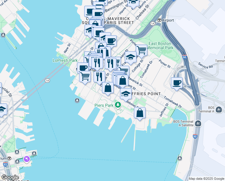 map of restaurants, bars, coffee shops, grocery stores, and more near 16 Cottage Street in Boston