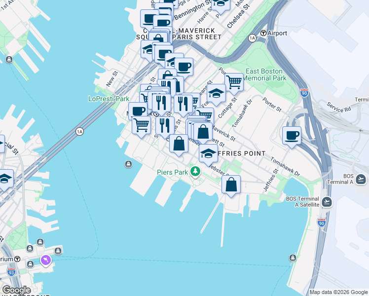 map of restaurants, bars, coffee shops, grocery stores, and more near 16 Cottage Street in Boston