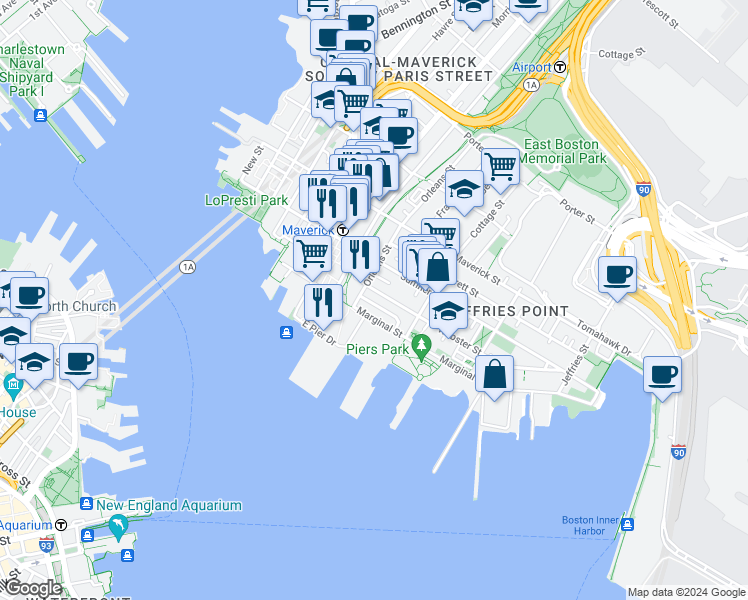 map of restaurants, bars, coffee shops, grocery stores, and more near 30 Orleans Street in Boston