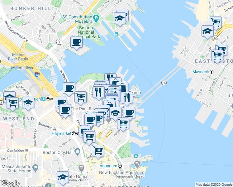 map of restaurants, bars, coffee shops, grocery stores, and more near 476498 Hanover Saint Exd in Boston
