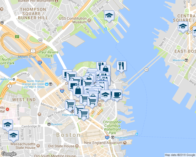 map of restaurants, bars, coffee shops, grocery stores, and more near in Boston