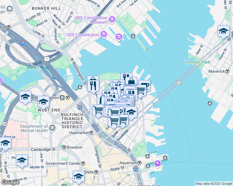 map of restaurants, bars, coffee shops, grocery stores, and more near in Boston