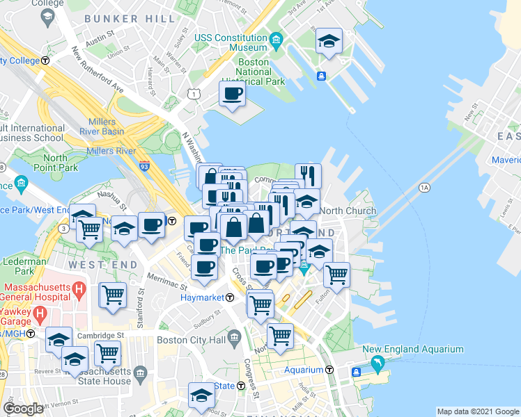 map of restaurants, bars, coffee shops, grocery stores, and more near 50 Snow Hill Street in Boston