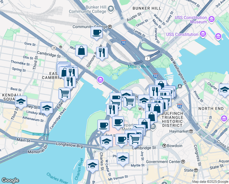 map of restaurants, bars, coffee shops, grocery stores, and more near in Boston