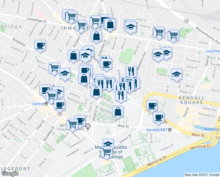 map of restaurants, bars, coffee shops, grocery stores, and more near 86 Bristol Street in Cambridge