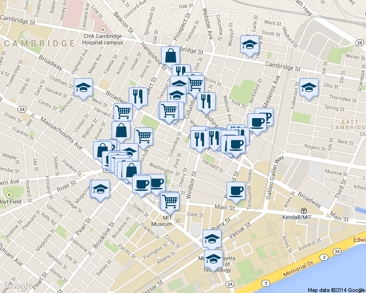 map of restaurants, bars, coffee shops, grocery stores, and more near 268 Broadway in Cambridge