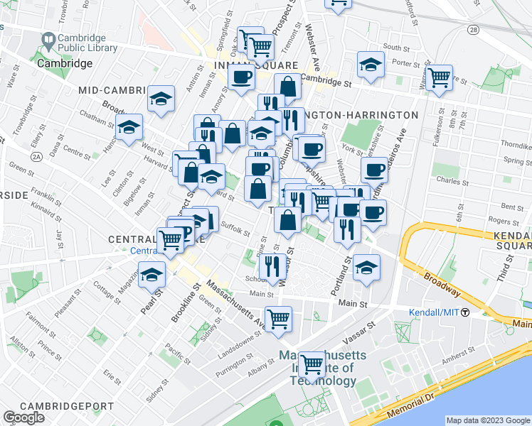 map of restaurants, bars, coffee shops, grocery stores, and more near 268 Broadway in Cambridge