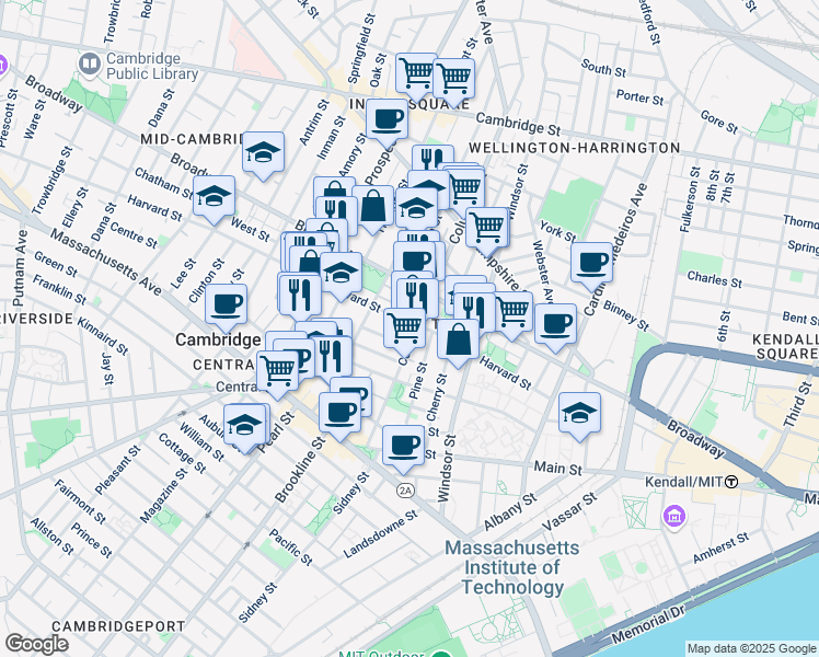 map of restaurants, bars, coffee shops, grocery stores, and more near 10 Elm Street in Cambridge