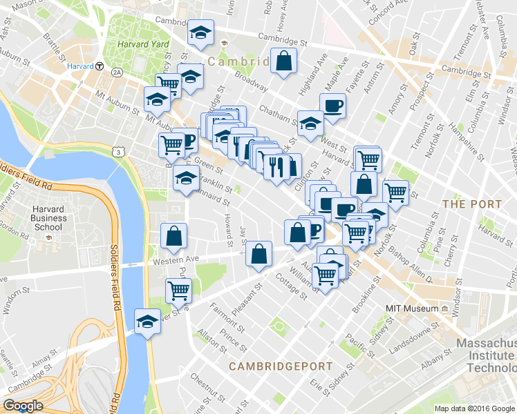 map of restaurants, bars, coffee shops, grocery stores, and more near 512 Green Street in Cambridge