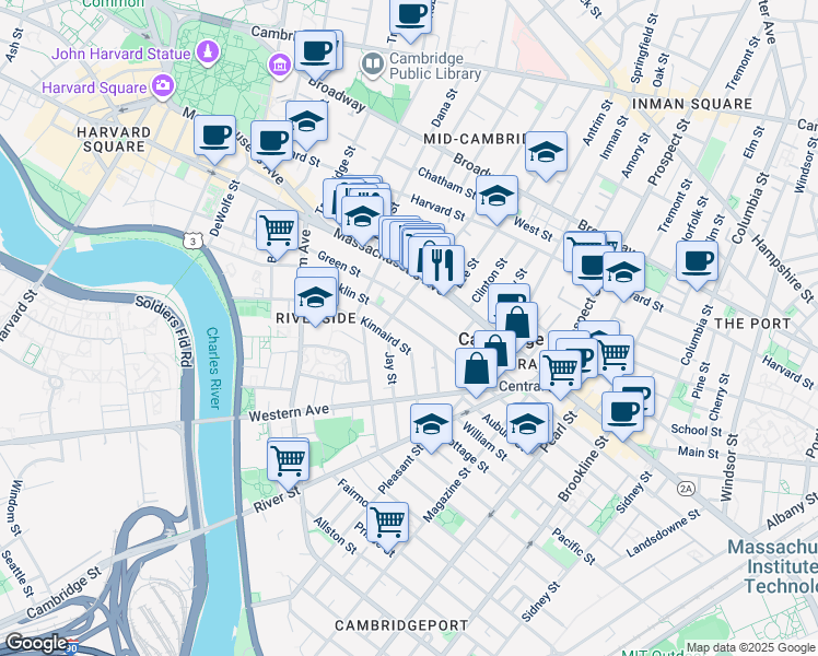 map of restaurants, bars, coffee shops, grocery stores, and more near 512 Green Street in Cambridge