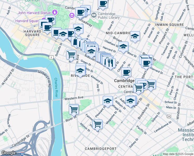 map of restaurants, bars, coffee shops, grocery stores, and more near 488 Franklin Street in Cambridge